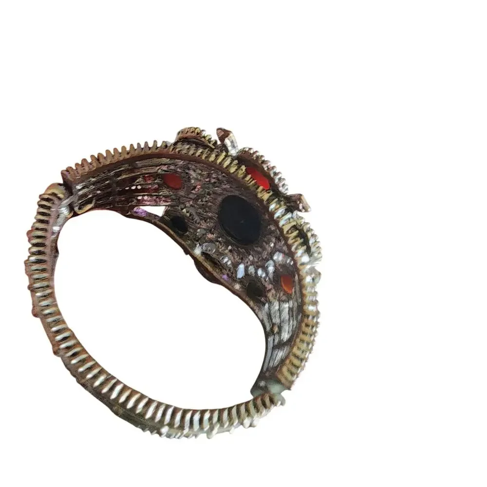 VINTAGE LARGE COLORFUL RHINESTONE GOLDTONE BRASS CUFF HINGED BRACELET